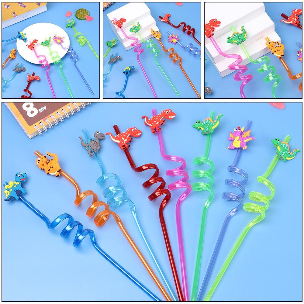 Solighter 8PCS / Set Sedotan Motif Kartun Dinosaurus Warna-Warni Reusable Untuk Anak / Pesta