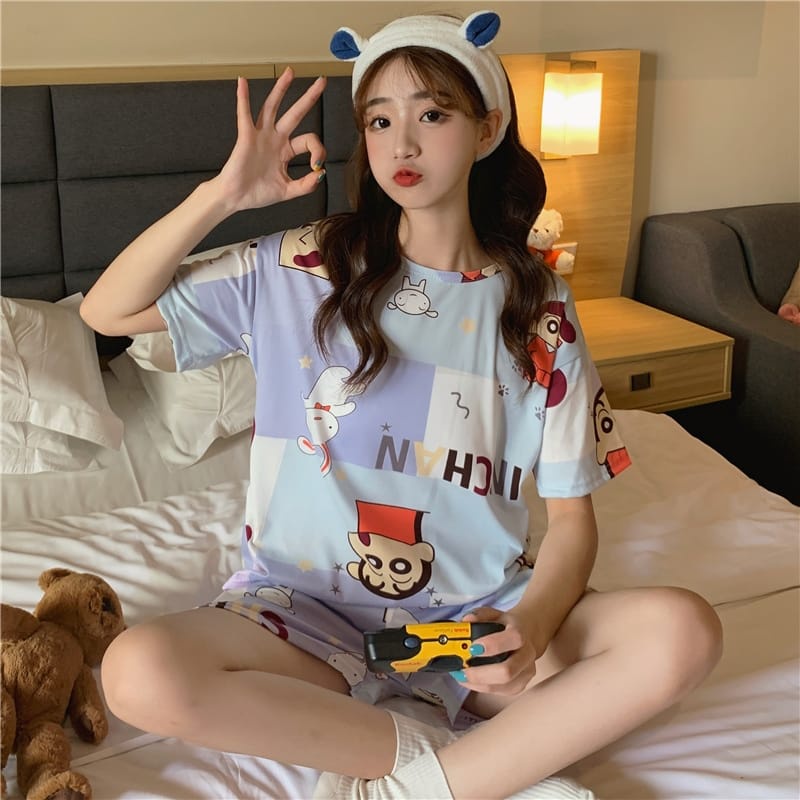 ✨WINGALERY✨ Pakaian Wanita Baju Tidur Piyama Lengan Pendek Import Motif Kartun Fit to XXL 4019-2-SHINCAN