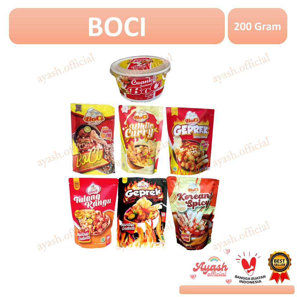 

BOCI mantap jiwa, Geprek, white curry, toping dan Cuanki boci