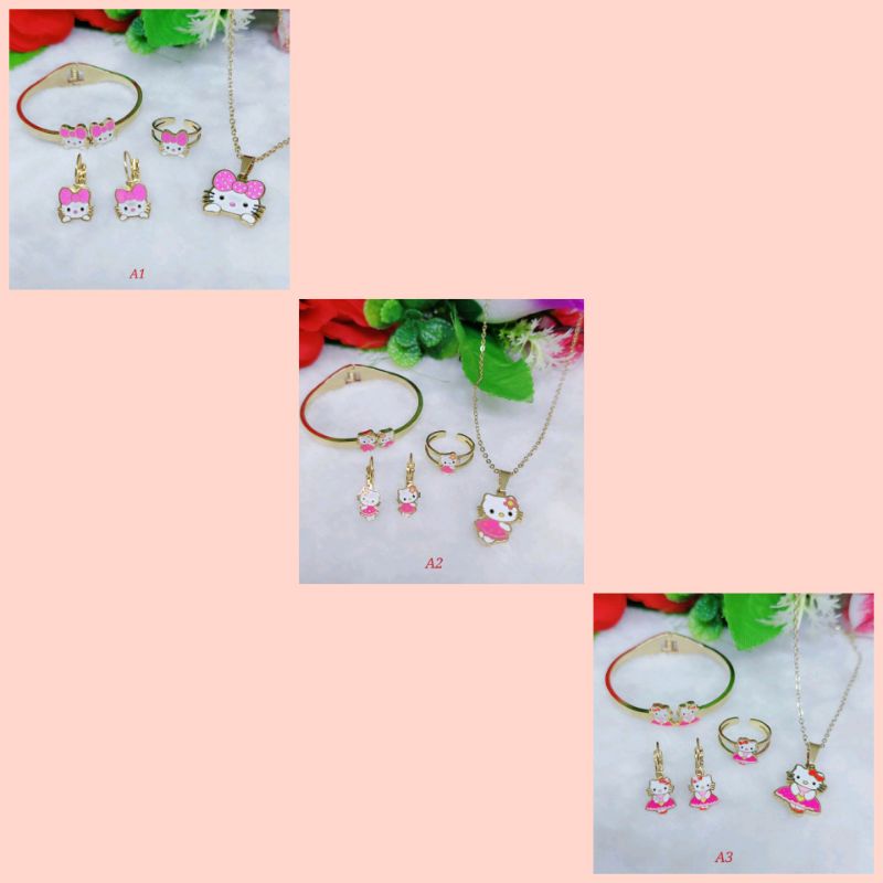 kalung liontin+gelang+cincin+anting set titanium anak