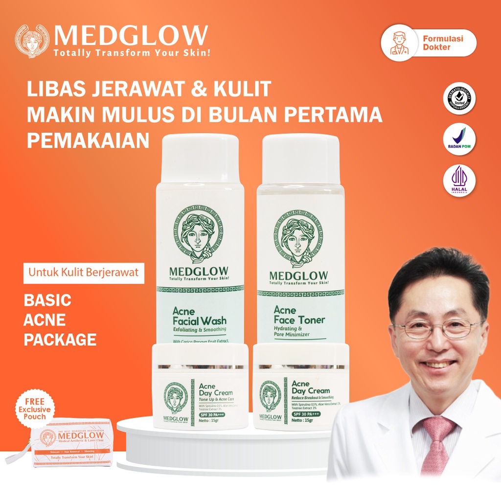 𝐌𝐄𝐃𝐆𝐋𝐎𝐖 𝐂𝐋𝐈𝐍𝐈𝐂 Basic Acne Package + Bonus Tas Kulit | Paket Skincare Krim Pagi Malam Dokter BPOM HAL