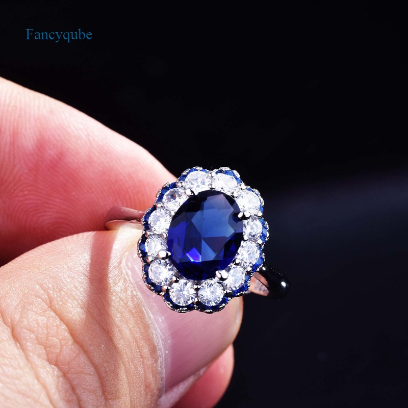 Fancyqube Cincin Silver 925 Wanita Hias Batu Sapphire Oval Mewah Untuk Tunangan / Hadiah Anniversary