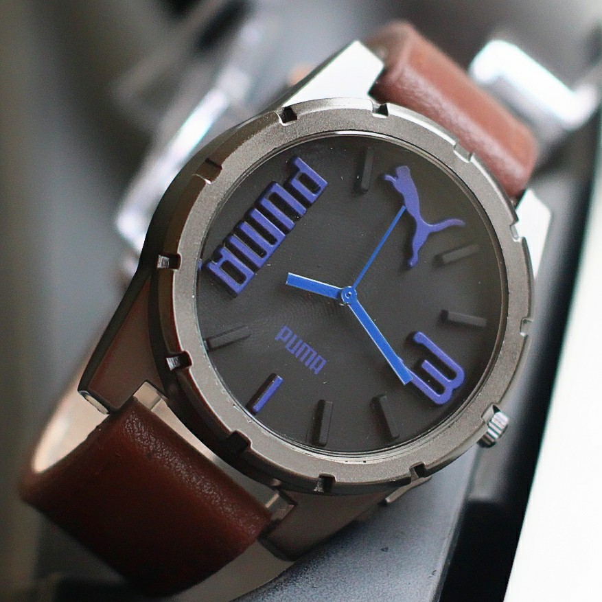 jam tangan pria puma leather super / jtr 1181 coklat biru