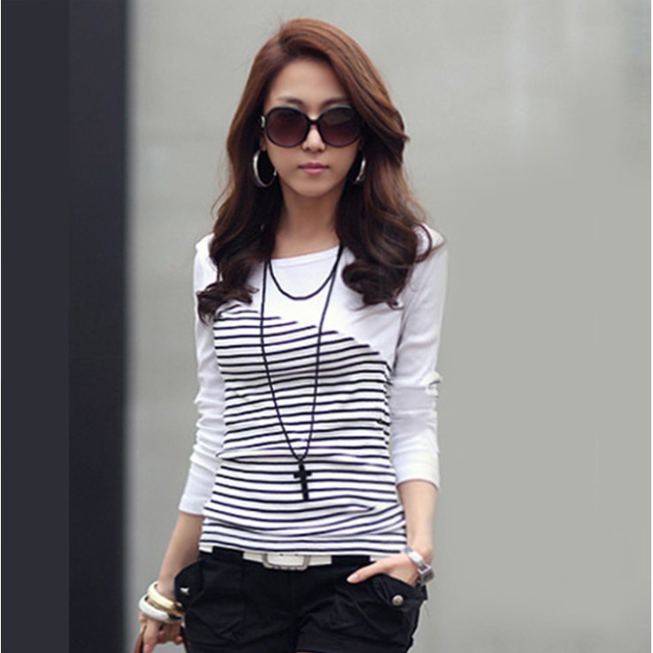 Kaos Lengan Panjang Bergaris Korean Style T-Shirt Wanita Pakain Cewek Kaos Casual Tampak Kurus