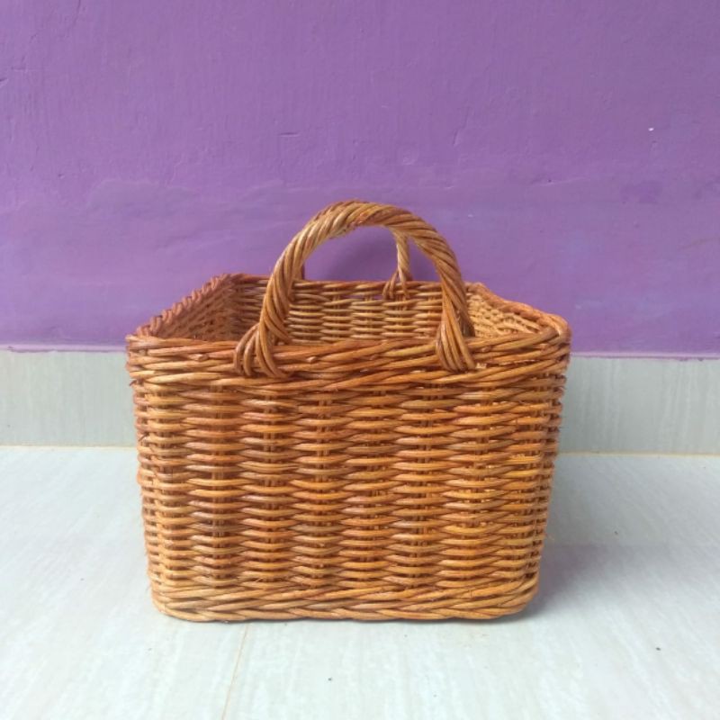 Keranjang rotan handle persegi penyimpanan barang parcel sovenir besar 32x22x16 cm