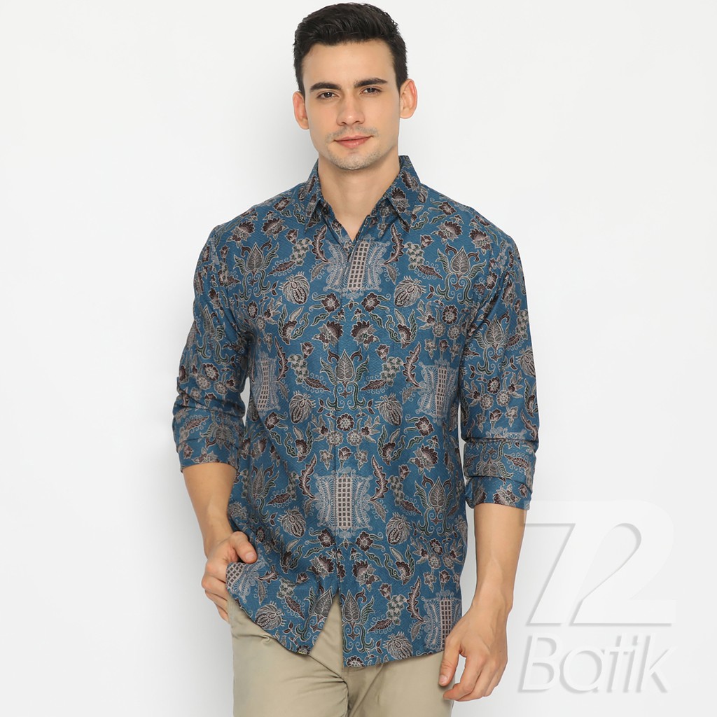 BATIK PRIA LENGAN PANJANG Kemeja Dobby Slimfit Motif Pintu Aceh Premium Biru Putih 727135 Cap 72 - Baju Kemeja Atasan Pakaian Setelan Batik Pria Cowok Laki Laki Remaja Keluarga Kantor Lengan Panjang Modern Slimfit Slim Fit Premium Kekinian