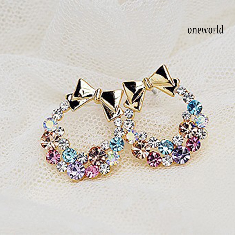 OW@ Women Multicolor Rhinestone Inlaid Bowknot Decor Stud Earrings Jewelry Gift