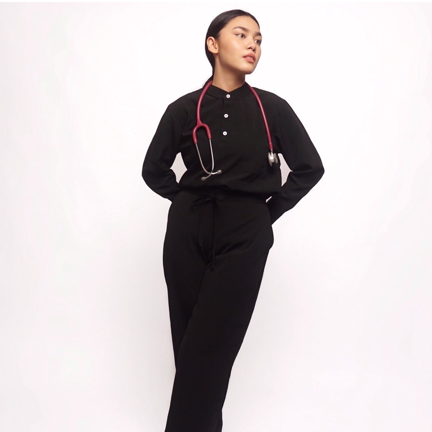 Baju Jaga MLS - BLACK Scrubs on Call Flowy Lengan Panjang