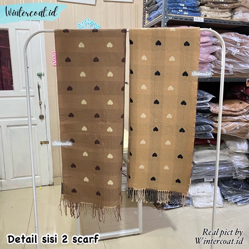 Reversible scarf winter import hangat love heart syal musim dingin wanita pashmina syall selendang panjang