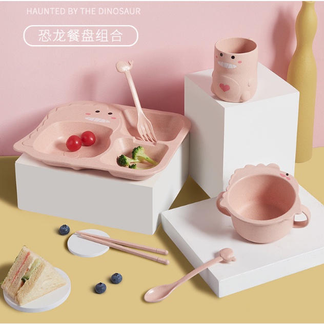 SET Tempat makan anak gambar Dino Pink Perlengkapan makan anak lucu SET tableware anak murah dan lucu