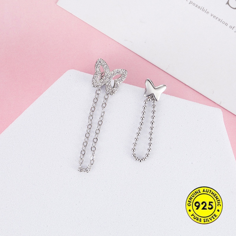 Anting Stud Desain Kupu-Kupu Asimetris Aksen Berlian Imitasi Bahan S925 Sterling Silver Tahan Air Untuk Wanita