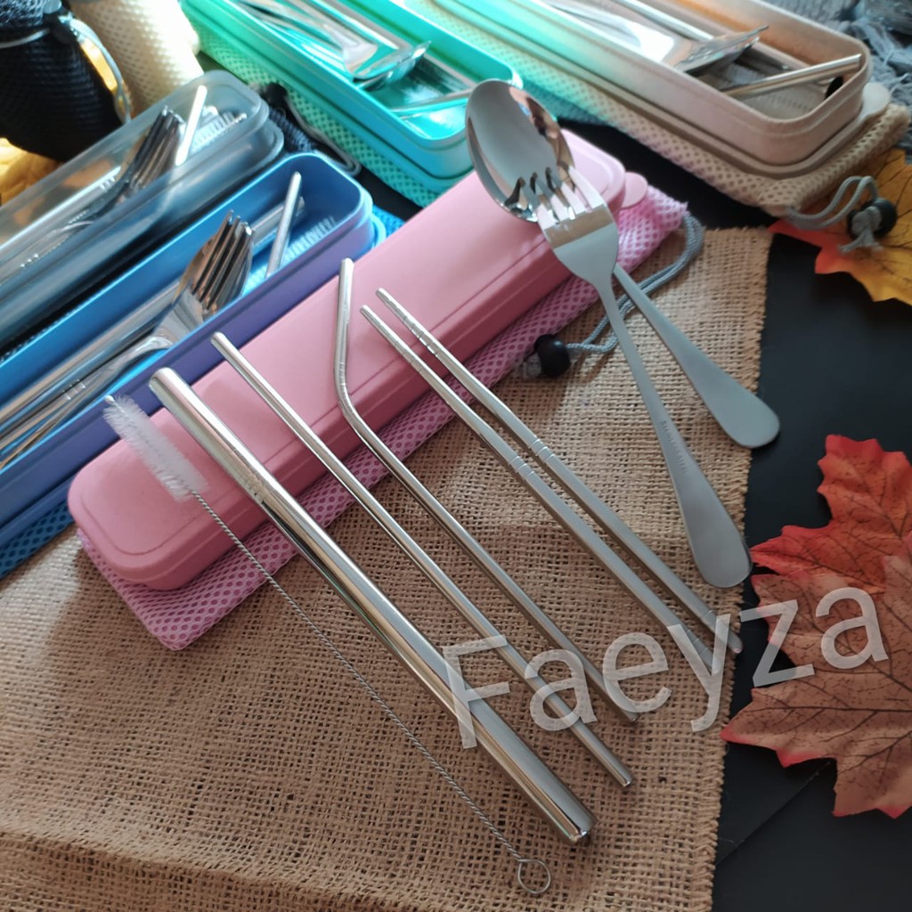 Sendok set stainless Alat Makan sendok garpu sumpit sedotan stainless set