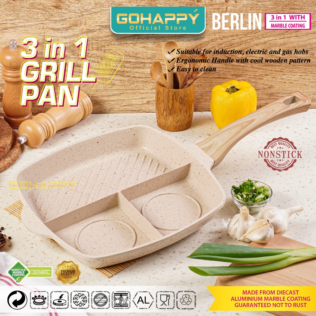 Everlux Gohappy Grill Pan Panci Fry Pan 3 in 1 GHB03 MARBLE BERLIN Alat Panggang marble 3 sekat devide