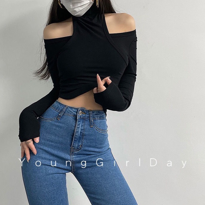 #Sisjuly# Sexy halter neck dilubangi pinggang tipis off-shoulder bottoming shirt T-shirt atasan elastis ketat