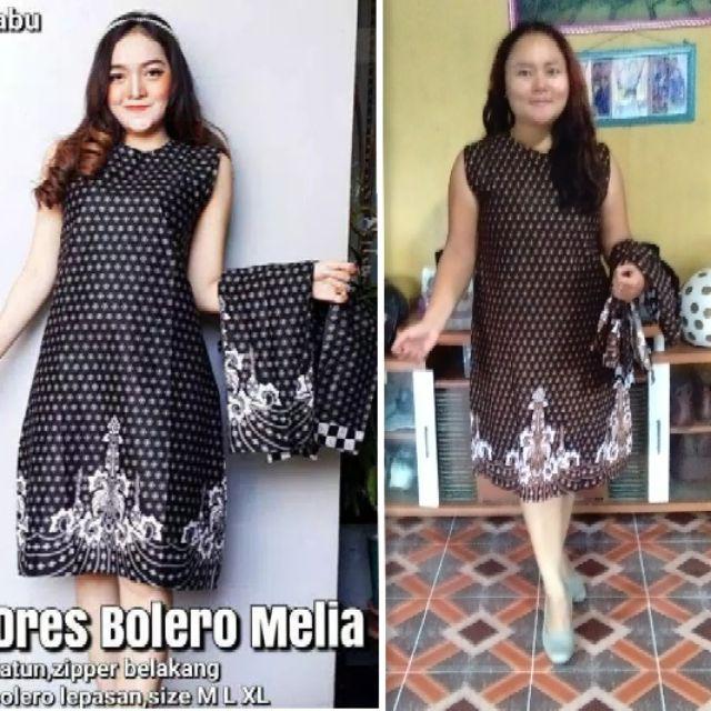 Dress Bolero Mahkota Melia Abu Batik Modern Midi Dress Kerja Seragam Kantor Pesta Kondangan