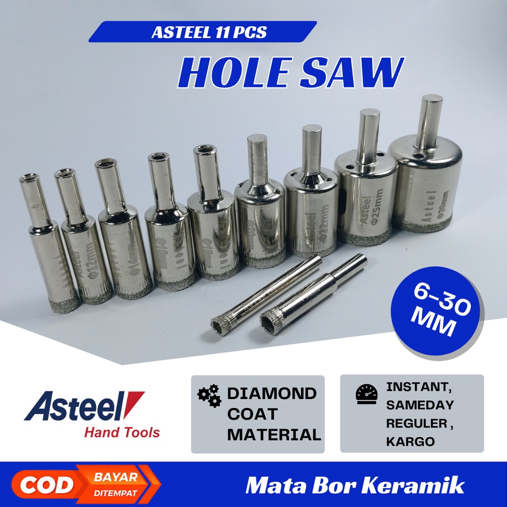 ASTEEL 11PCS set mata bor kaca keramik granit marmer batu porselen diamond hss holesaw pelubang 6mm - 30mm