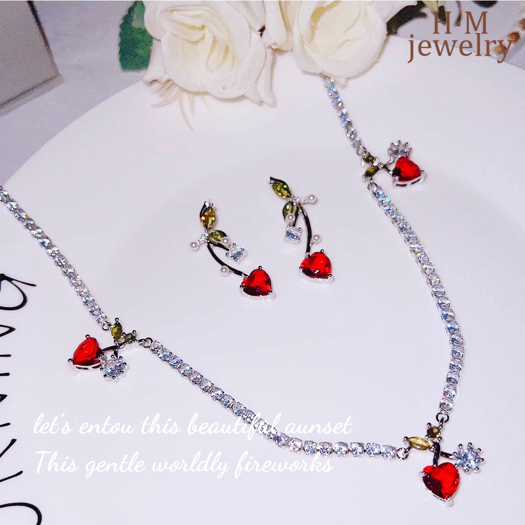 Set Kalung Anting S925 Silver Bentuk Hati Cherry Merah Terang