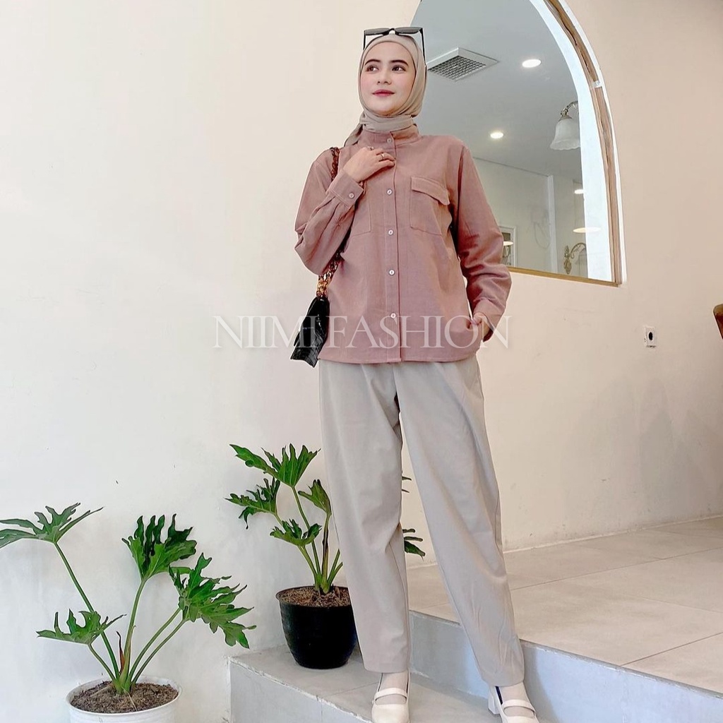 NIMI - Poppy Shirt Kemeja Basic Wanita Lengan Panjang Linen Rami