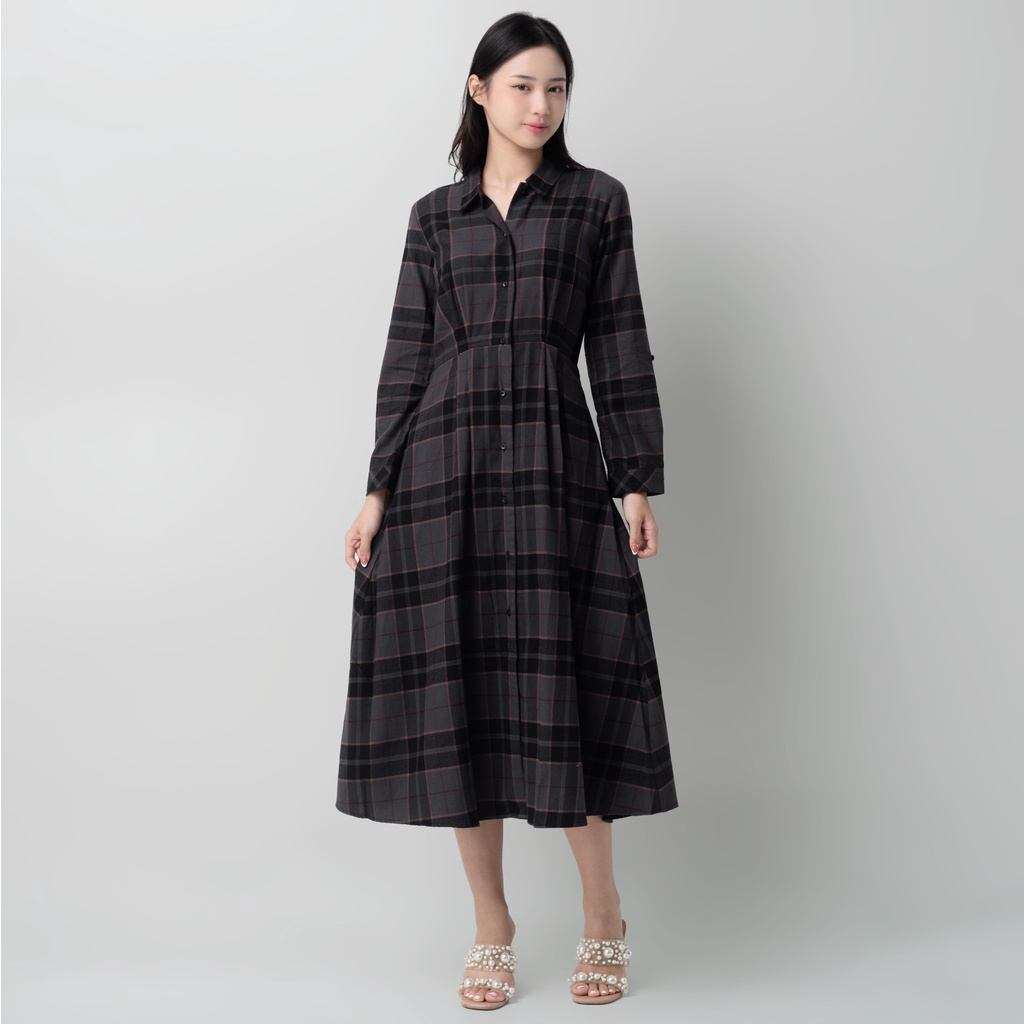 Benhill Gamis Wanita Flannel Lengan Panjang Kotak Abu 1150-11630