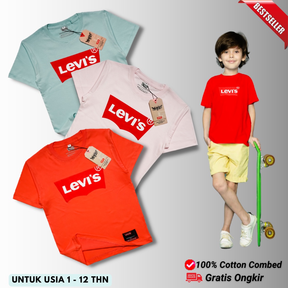 LEV-01- Kaos anak laki laki dan perempuan| Baju pakaian anak umur 1 - 12 tahun| Setelan atasan anak tanggung| Kaos oblong anak-anak distro keren motif simple polos