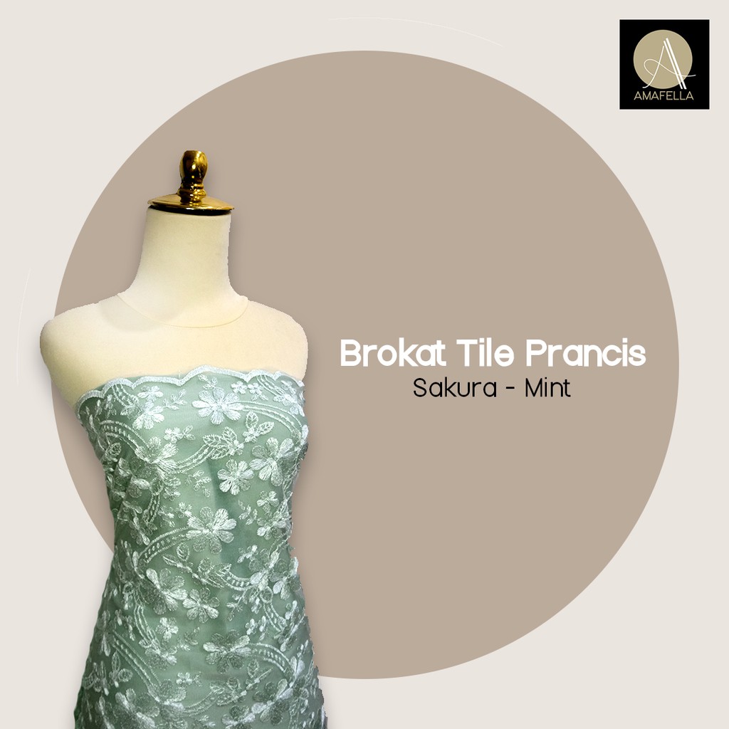 1/2 meter Kain Brokat Tile Prancis Bahan Kebaya Motif Sakura Light Turquoise Mint