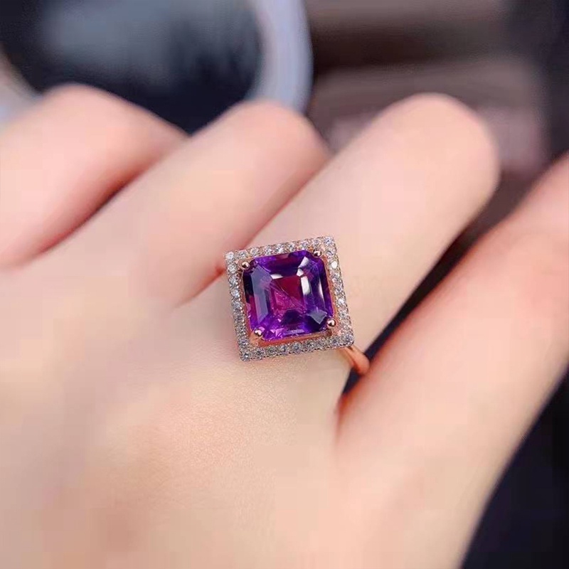 Cincin Wanita Hias Zircon AAA Bentuk Persegi Warna Ungu Gaya Korea Minimalis Untuk Pernikahan