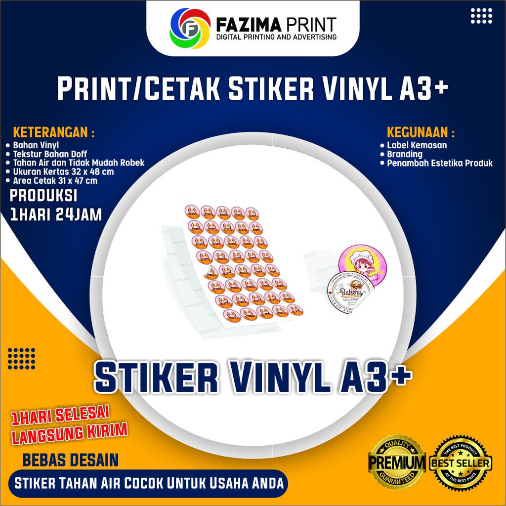 

Print/Custom Stiker Vinyil A3+ / Cetak Stiker Label Tahan Air Vinyl A3+ / Laminasi + Cutting