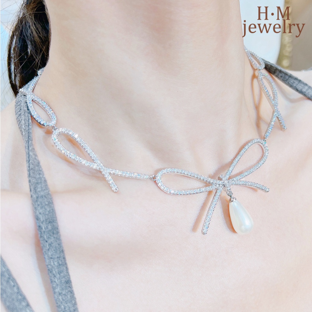 Kalung Choker Pita Kupukupu Hias Mutiara Mewah Untuk Wanita