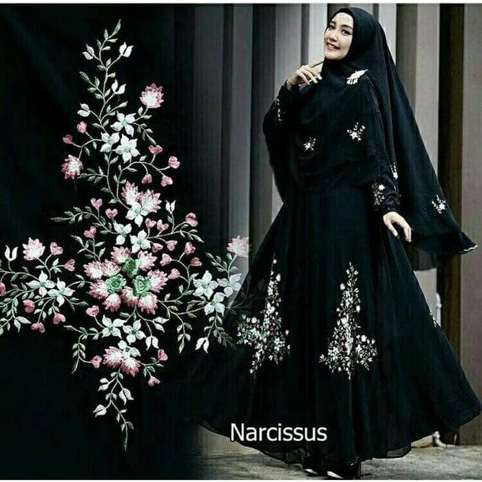 pakaian Gaun muslim ibu islami asd setelan st hijab muslim maxi Narcisius HITAM / longdress wanita u