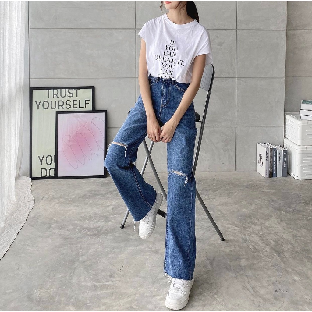 HOPYLOVY - Celana Highwaist Boyfriend Loose Jeans Wanita BF Sobek Unfinished Nediva