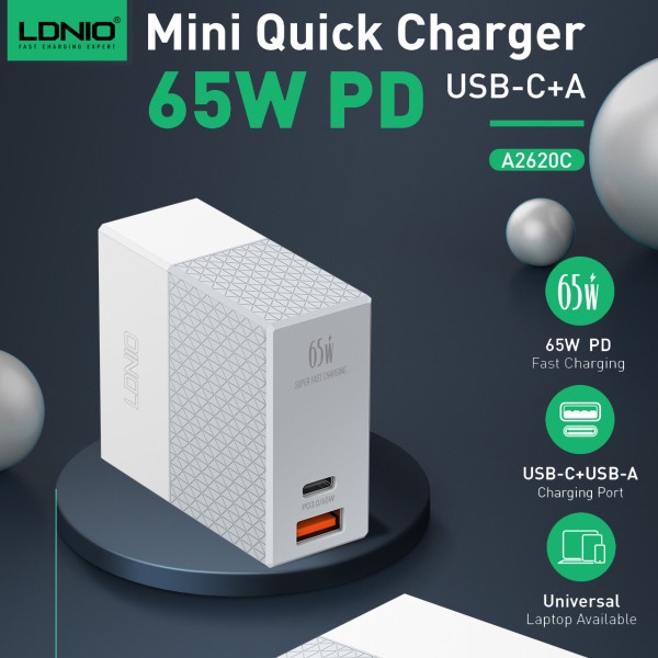 LDNIO A2620C Travel Charger USB Kabel Type C To Lightning 65W Fast Charging