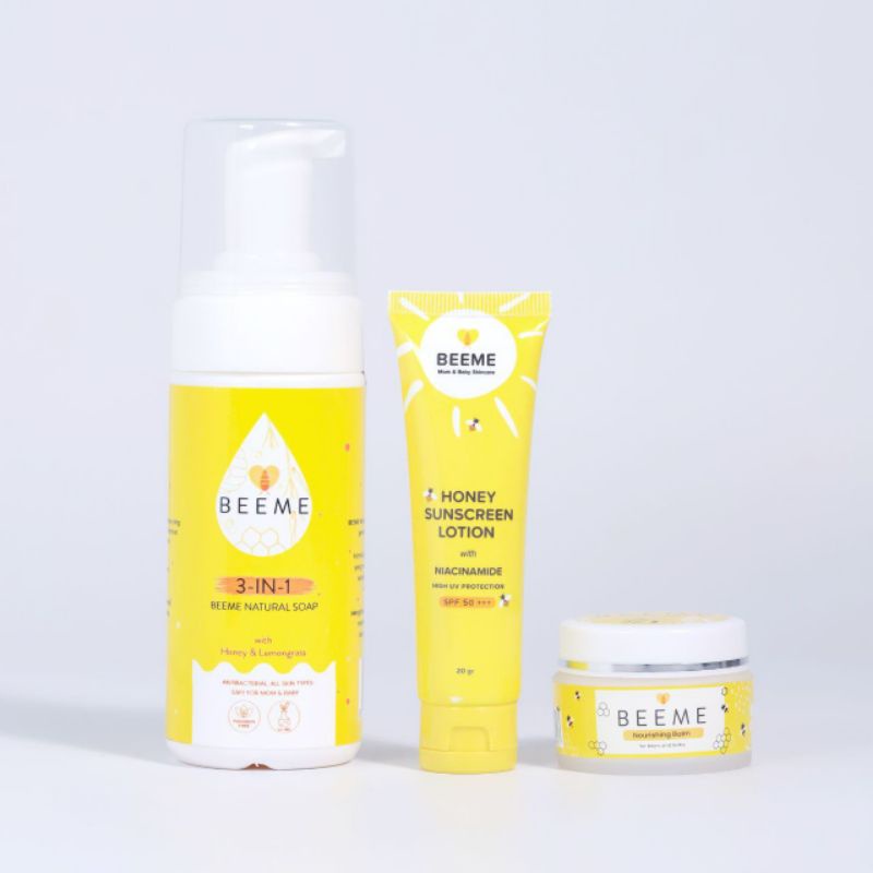 Paket lengkap beeme | natural soap beeme, beeme nourishing balam dan honey sunscreen spf50 niacinamide |  paket skincare anak