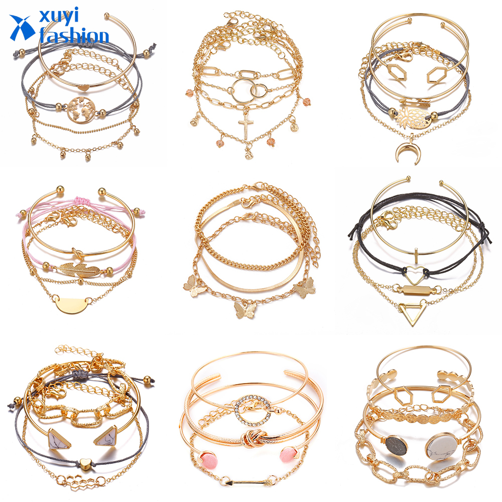 Gelang Manik-Manik Multilayer Warna Emas Aksen Bintang Dan Bulan Gaya Vintage Untuk Wanita