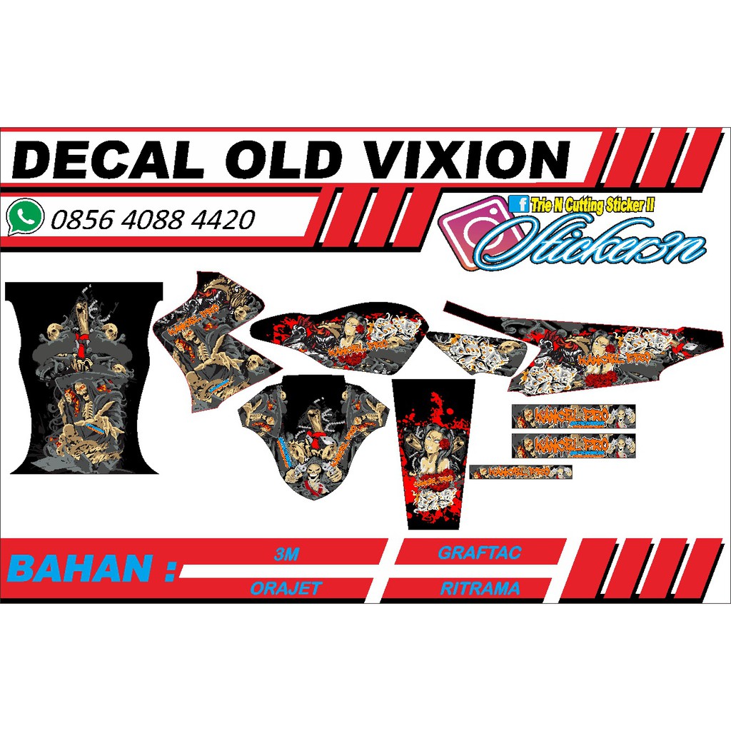 Decal Full Bodi Old Vixion Setan Tengkorak, decal vixion old fullbodi hitam bisa rubah warna dasar d