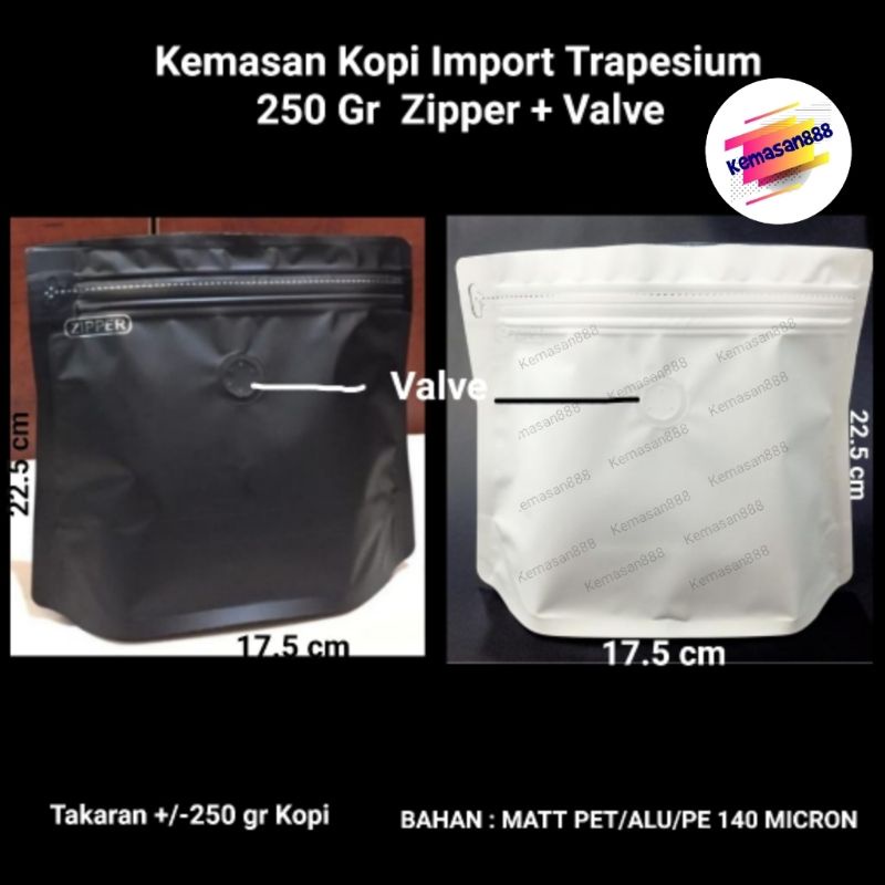 Kemasan Kopi Import Trapesium 250 Gr Zipper Valve.kemasan kopi.flat bottom hitam putih.standing pouc