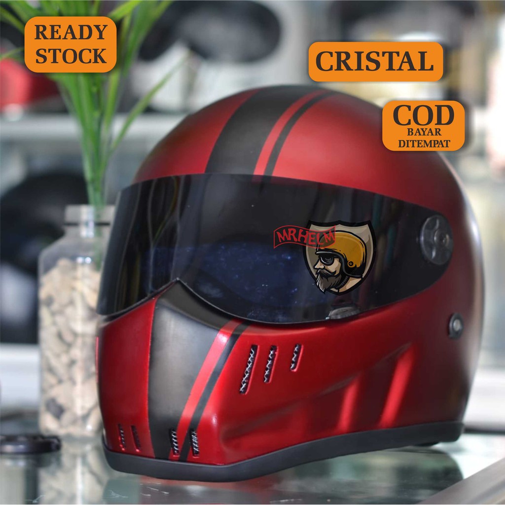 Jual HELM CUSTOM RETRO CRISTAL RED MARUN BLACK WITH VISOR ( MR HELM ) Shopee Indonesia