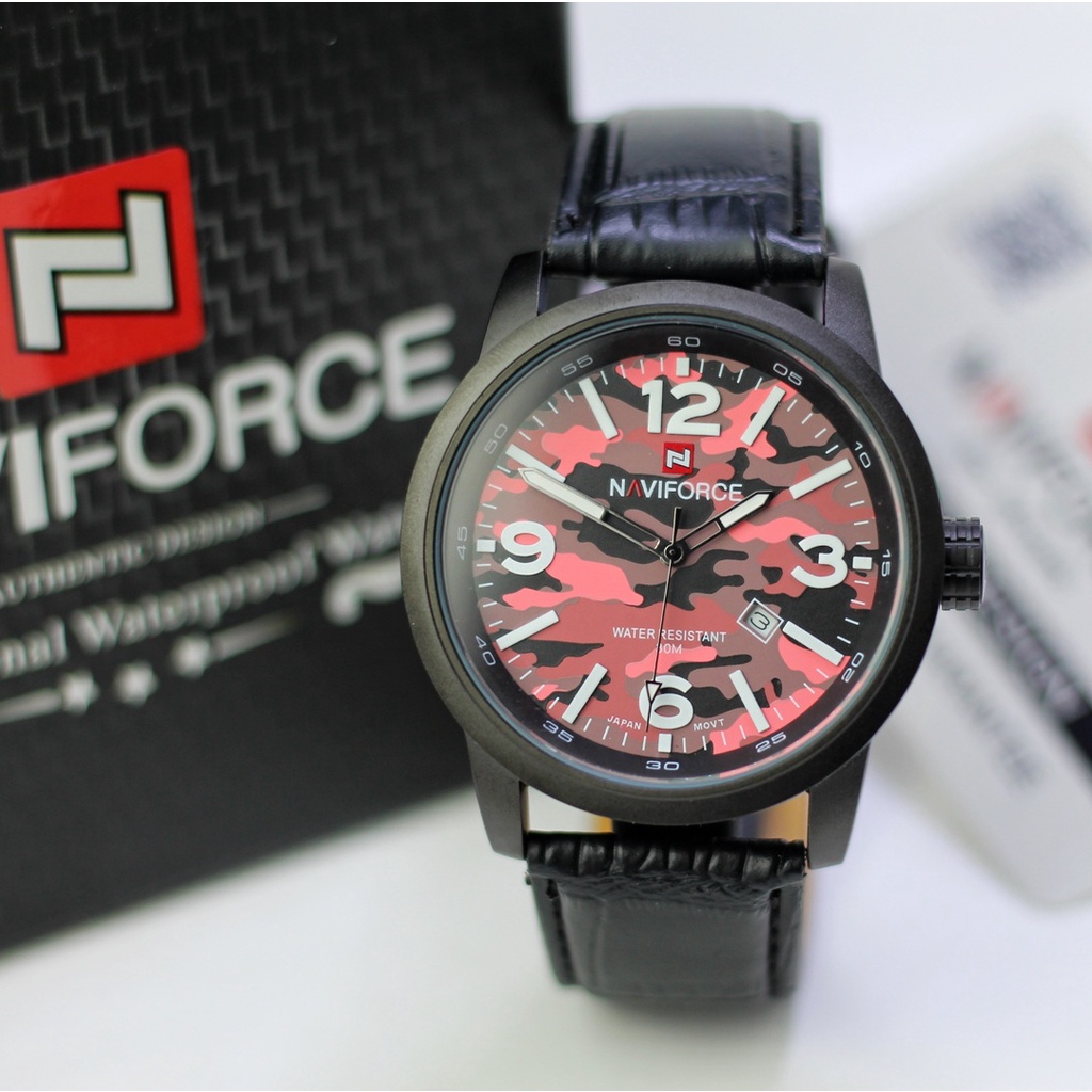 jam tangan pria naviforce 9080 original tali kulit