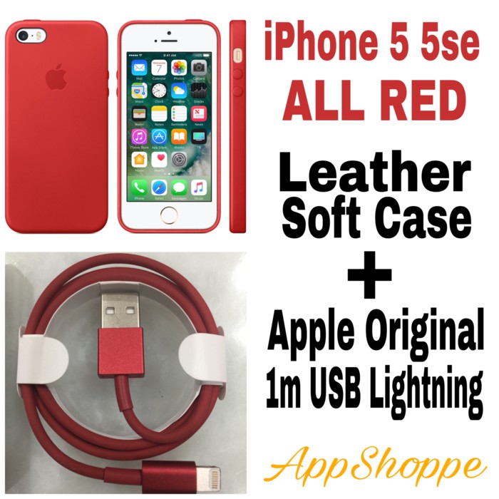 iPhone 5 5s SE LEATHER CASE and 1m USB LIGHTNING CABLE RED