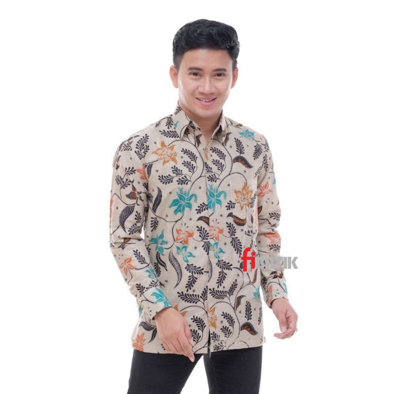 Kemeja Batik Pria Couple Ayah Dan Anak Laki-laki Motif Teratai Warna Krem Lengan Panjang Dan Pendek