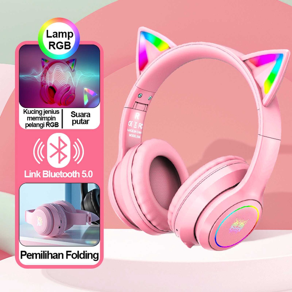 Onikuma B90 9D Suara RGB Pink Kucing Telinga Bass Kuat Bluetooth 5.0 Pengurangan Kebisingan Headphone Nirkabel Profesional Gaming Headset dengan Mikrofon Peredam Kebisingan