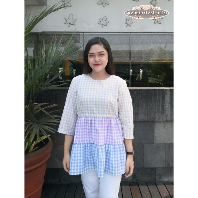 Top Blouse Kotak Kotak Multicolor | Blouse Kotak Kotak