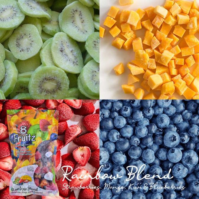 

Frozen IQF Rainbow Mix ( Strawberry,Mango,Kiwi&Blueberry) Beku 500 Gr