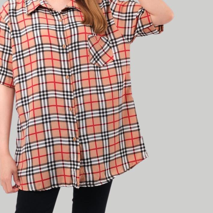 ➷ Monellina 06225 Kemeja Oversize Wanita Lengan Pendek Kotak ☆