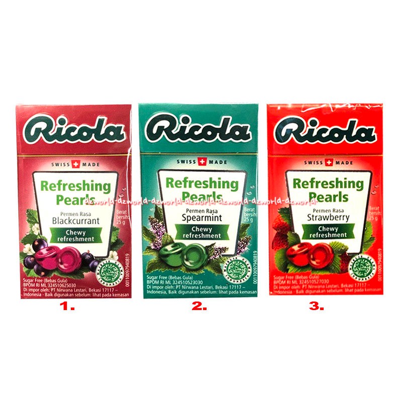 Ricola Refreshing Pearls 25gr Rasa Blackcurrant Spearmint Strawberry Chewy Refreshment Permen Lunak Melegakan Tenggorokan Rikola Candy