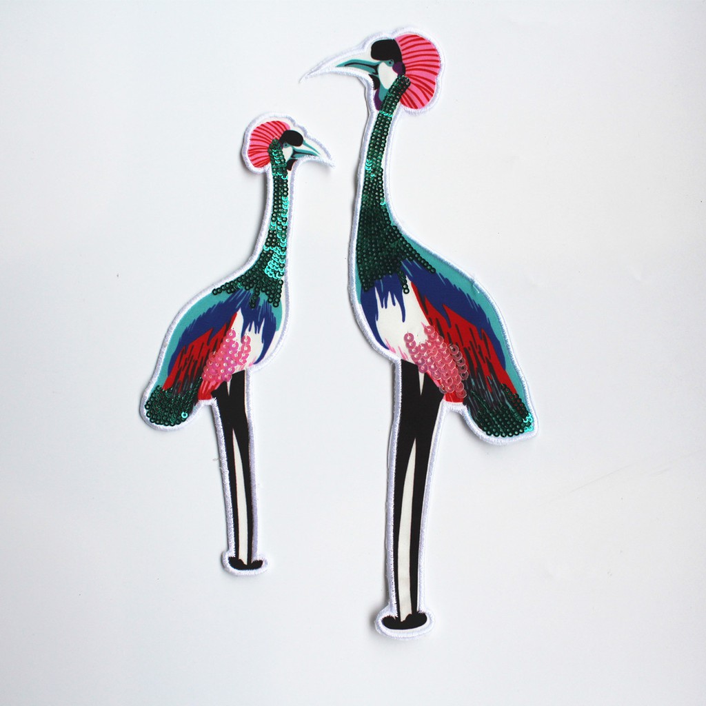 2pcs Patch Bordir Bentuk Burung Bangau Warna Merah Untuk Aplikasi