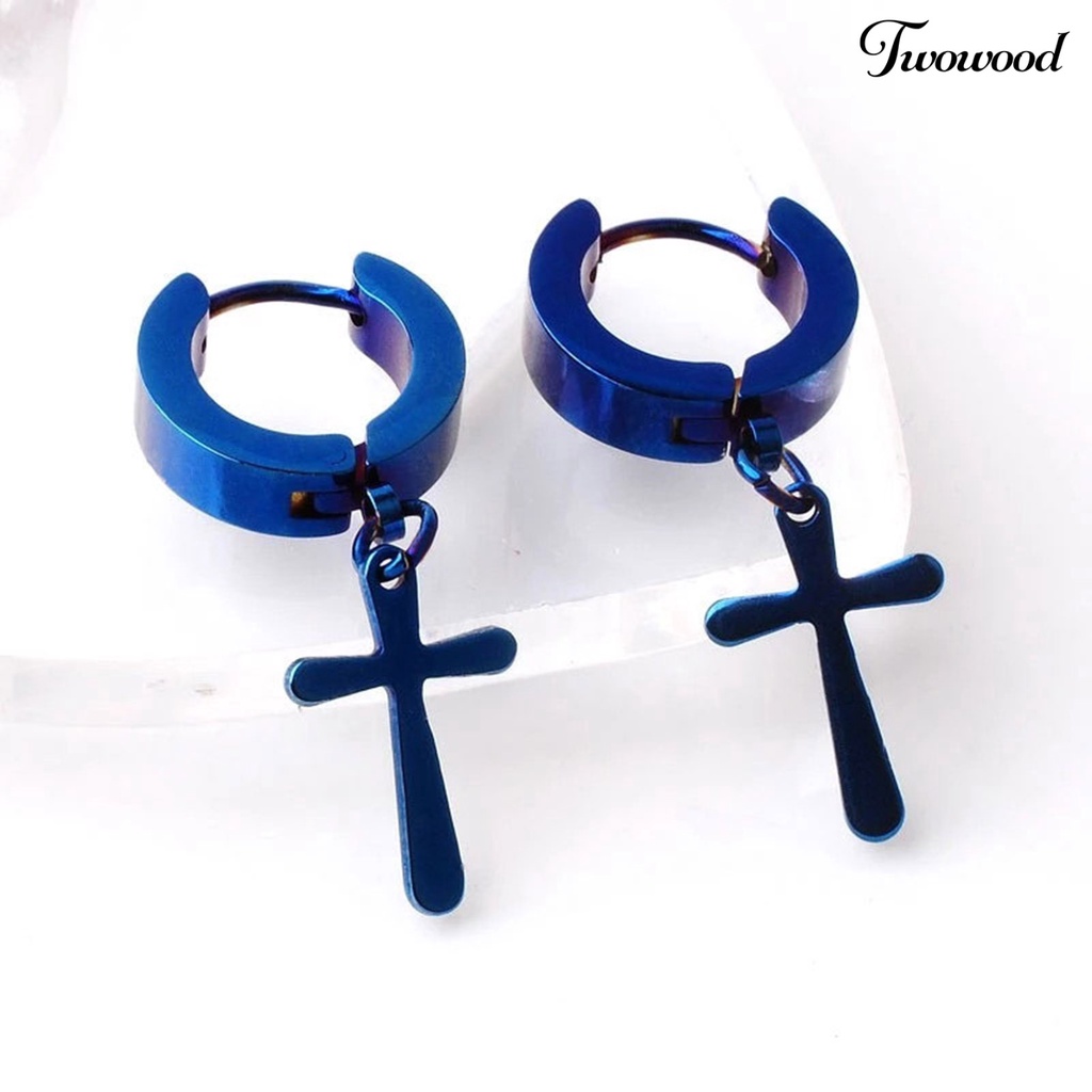 Twowood 1Pc Unisex Dangle Earring Cross Korean Style Stainless Steel Simple Bright Luster Hoop Earring for Daily Wear