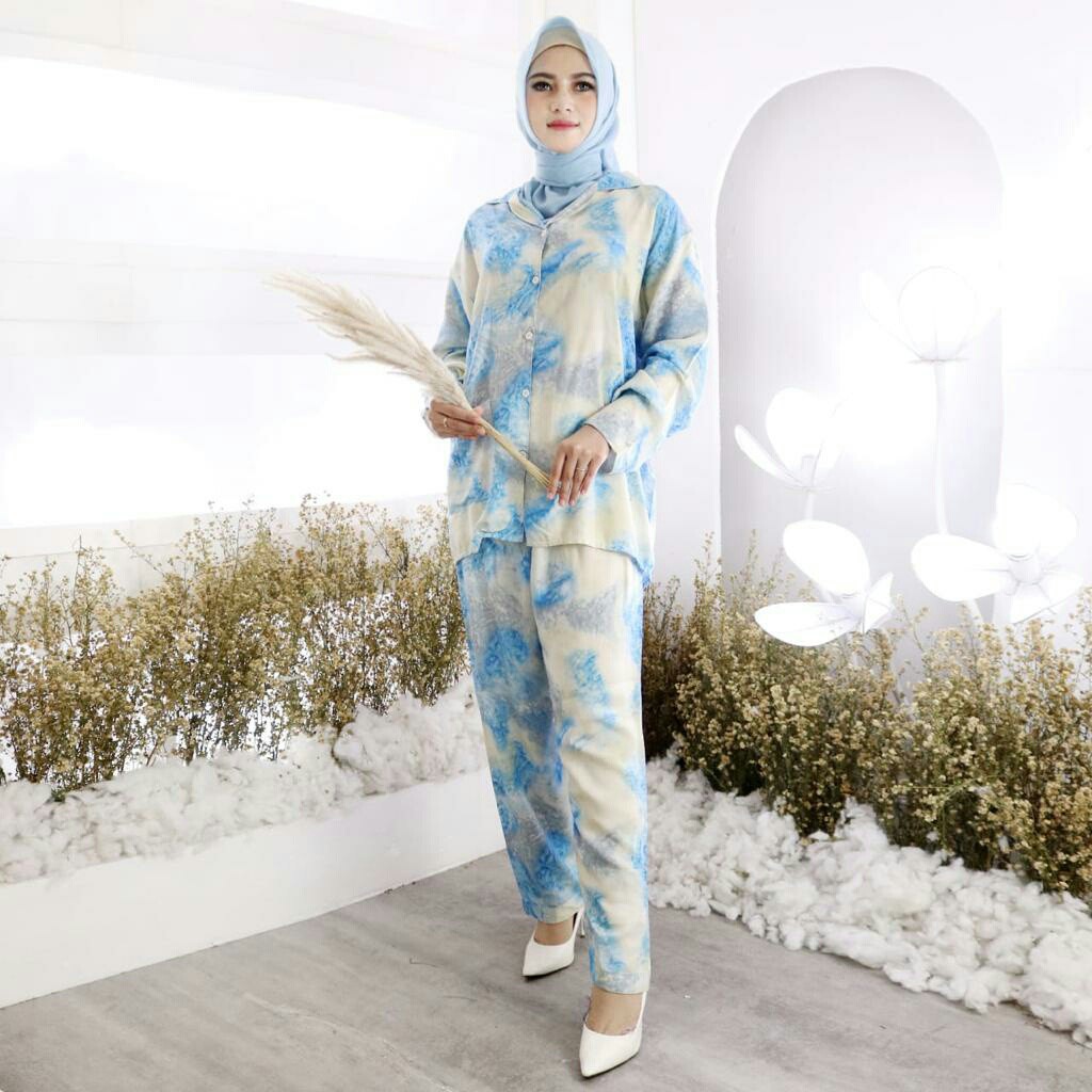 Baju setelan piyama wanita tie dye bambo PP lengan panjang dan celana panjang