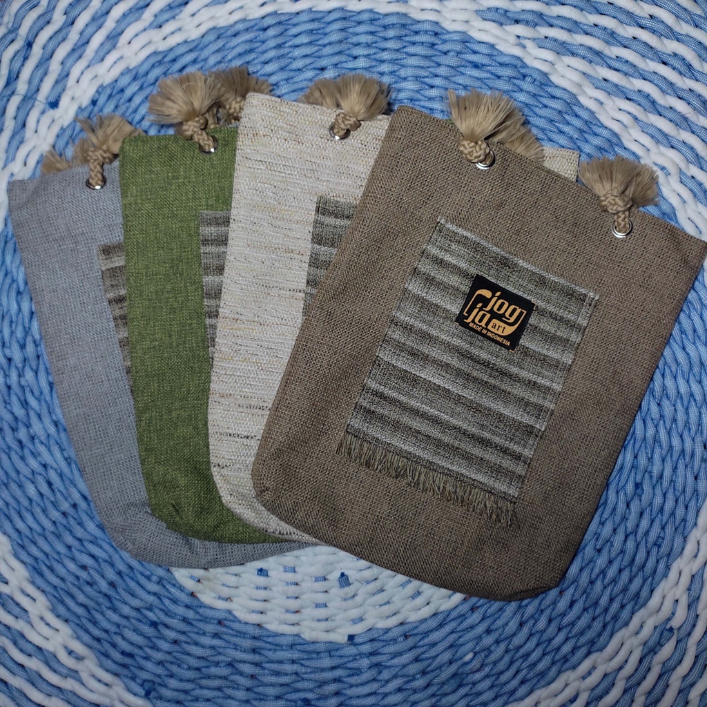 Tote Bag polos tali sumbu beresleting lapis furing bahan Goni laminasi tas jalan jalan kuliah kerja