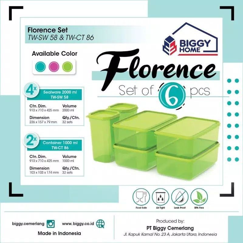 Toples Biggy Florence Sealware 6 Set / 2botol/Container 1000ml dan 4 Sealware 2000ml