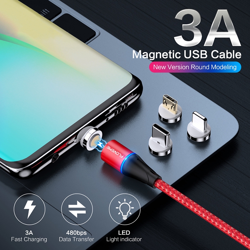 3A Kabel Data / Charger Lightning Micro USB Magnetik Fast Charging untuk iPhone / Samsung / oppo